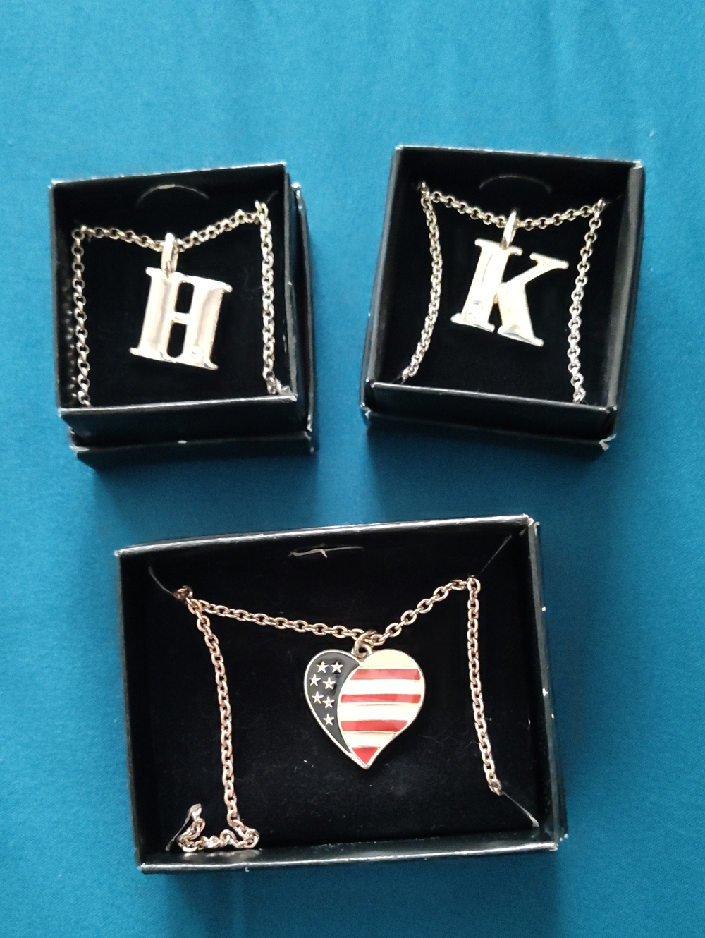 Initial H / K and American Flag Heart Pendant Necklace Set  Fantasy
